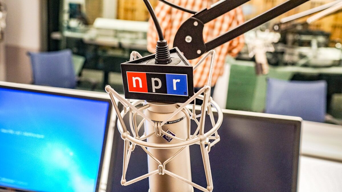A studio microphone bearing the NPR logo at NPR headquarters in Washington