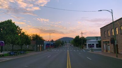 Downtown Bend, Oregon, with Pilot Butte in the distance