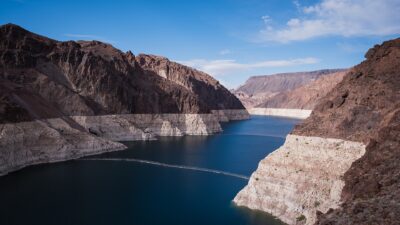 Lake Mead’s pale bathtub ring of exposed rock upstream of Hoover Dam