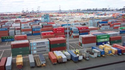Stacks of shipping containers at a port terminal in Port Elizabeth, New Jersey