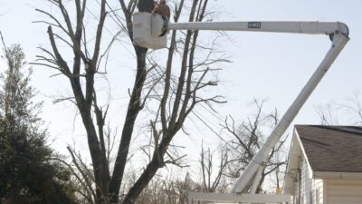 Utility crews repairing ice-damaged power lines