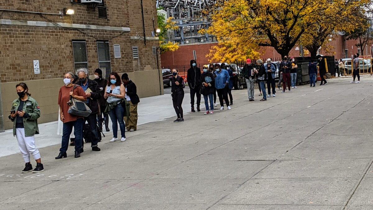 Voters waiting in an early voting line