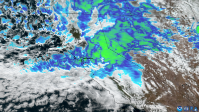 Satellite image of a winter storm over the Sierra Nevada