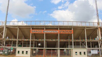 The east face of Bragg Memorial Stadium at Florida A&M University in Tallahassee