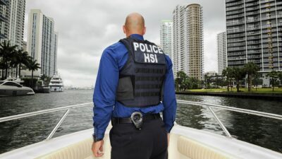 A Homeland Security Investigations agent wearing a police vest, seen from behind