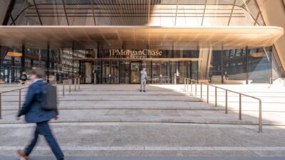 Entrance steps of JPMorgan Chase headquarters at 270 Park Avenue, New York