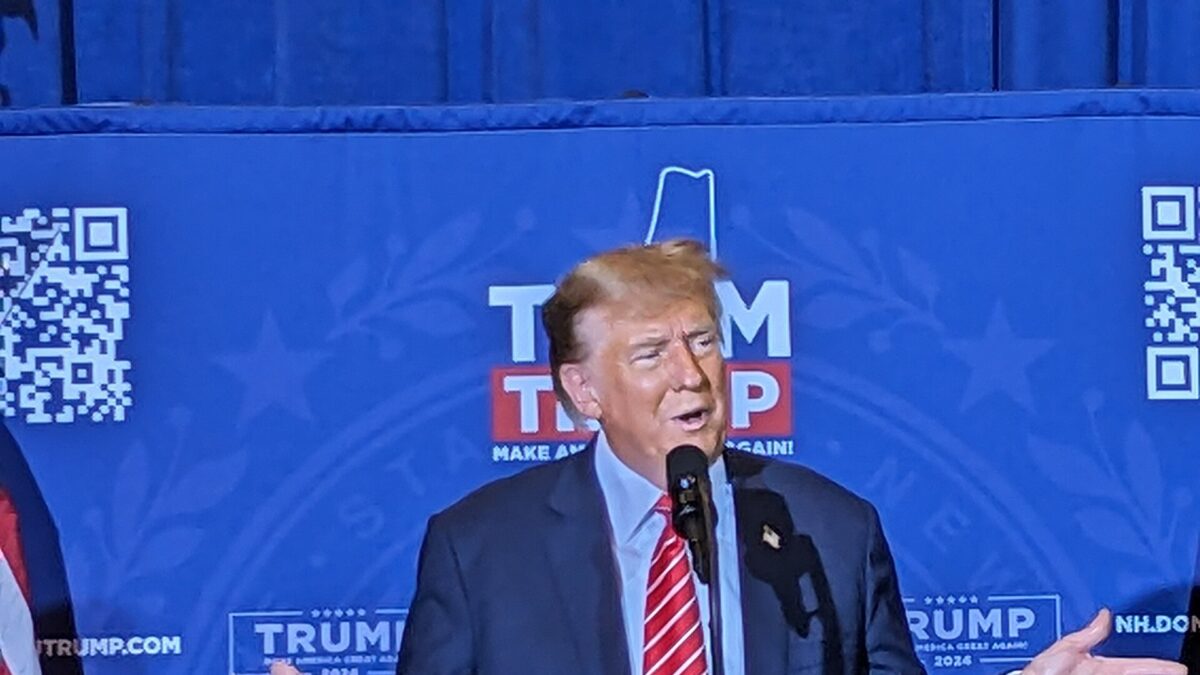 Donald Trump speaks at a campaign podium in front of a blue Team Trump backdrop (file photo)