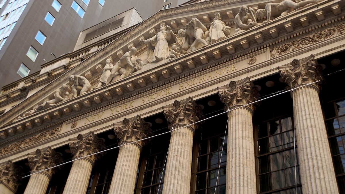 Corinthian columns and sculpted pediment of the New York Stock Exchange on Broad Street