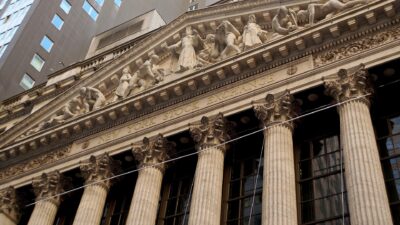 Corinthian columns and sculpted pediment of the New York Stock Exchange on Broad Street