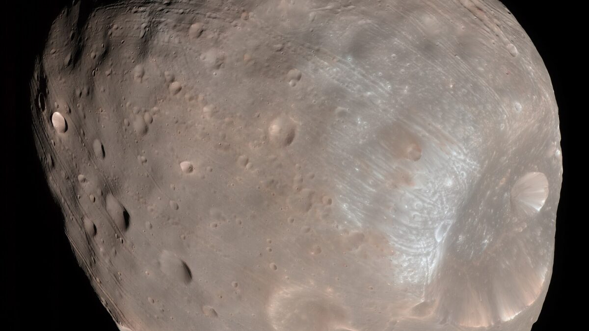 Color image of Mars’ moon Phobos, showing the large Stickney crater, taken by NASA’s Mars Reconnaissance Orbiter