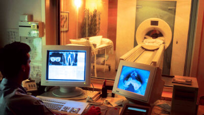 Patient undergoing an MRI brain scan in a hospital