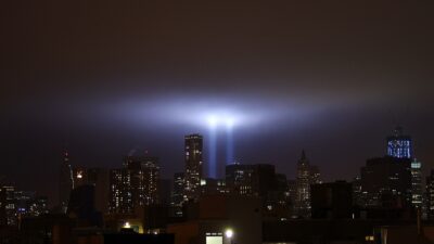 Tribute in Light beams over Lower Manhattan