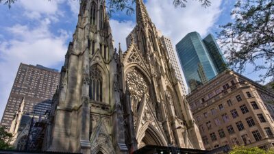 The facade of St. Patrick's Cathedral on Fifth Avenue in Manhattan