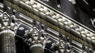 New York Stock Exchange lettering on the facade of the exchange building on Broad Street