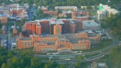 The NIH Clinical Center building on the National Institutes of Health campus in Bethesda, Maryland