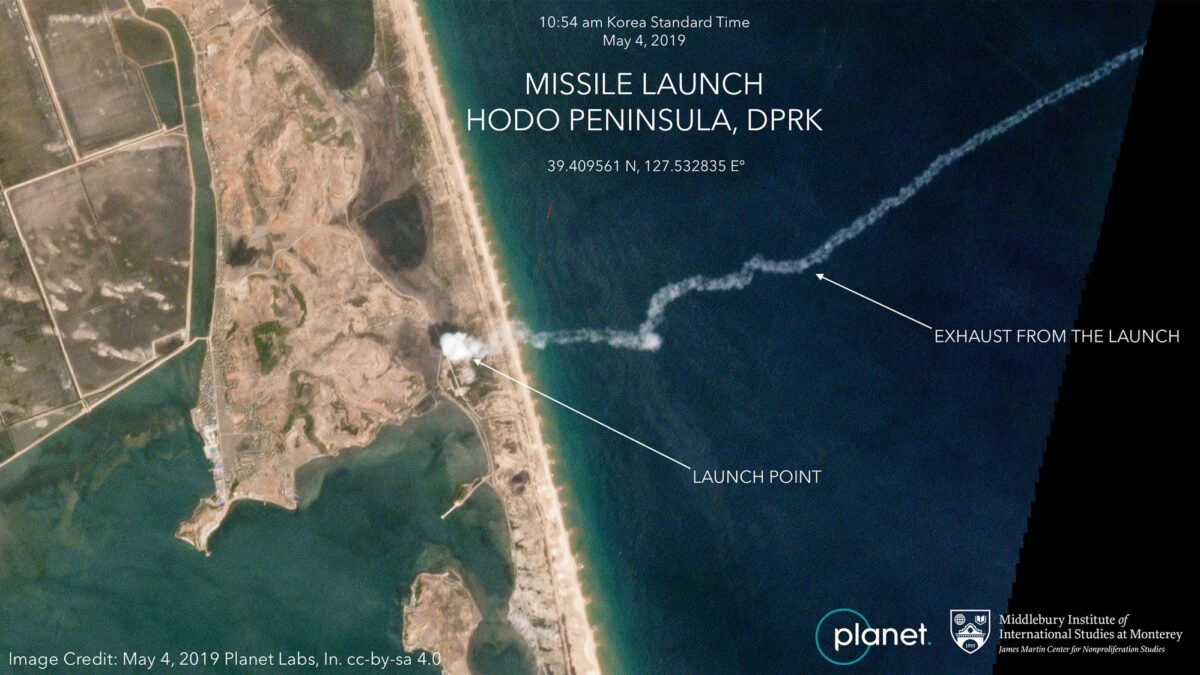 Satellite image showing an exhaust trail from a missile launch on the Korean Peninsula