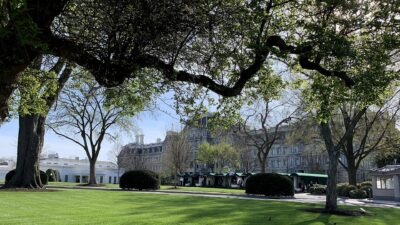 Television press tents on the North Lawn of the White House