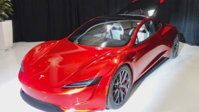Red Tesla Roadster second-generation prototype on display