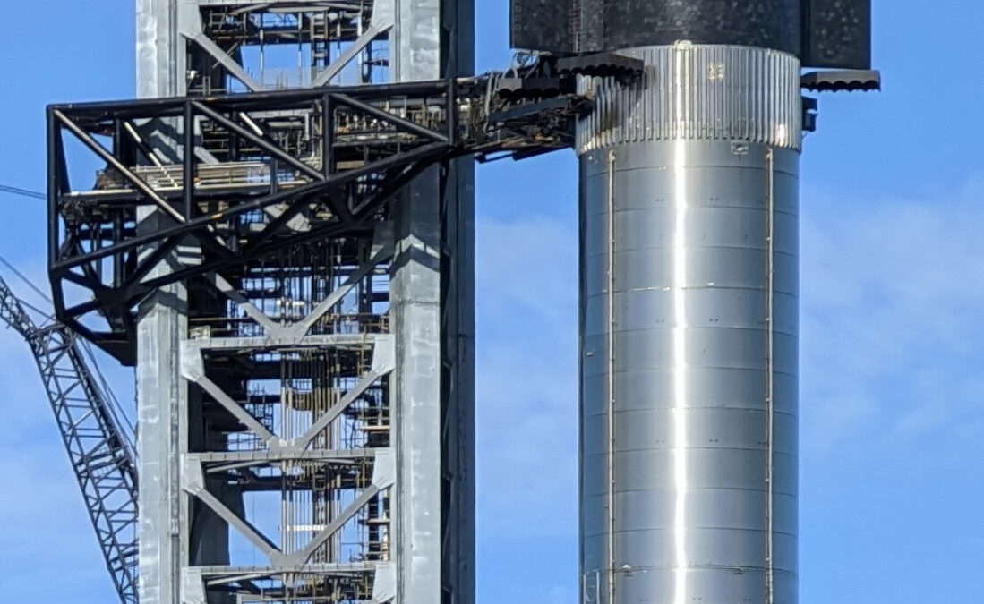 SpaceX Starship rocket stacked on its booster at the launch site