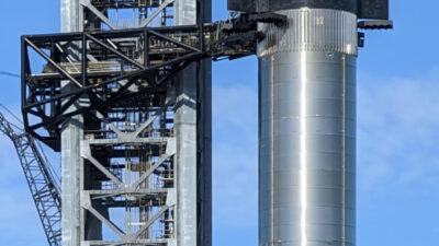 SpaceX Starship rocket stacked on its booster at the launch site