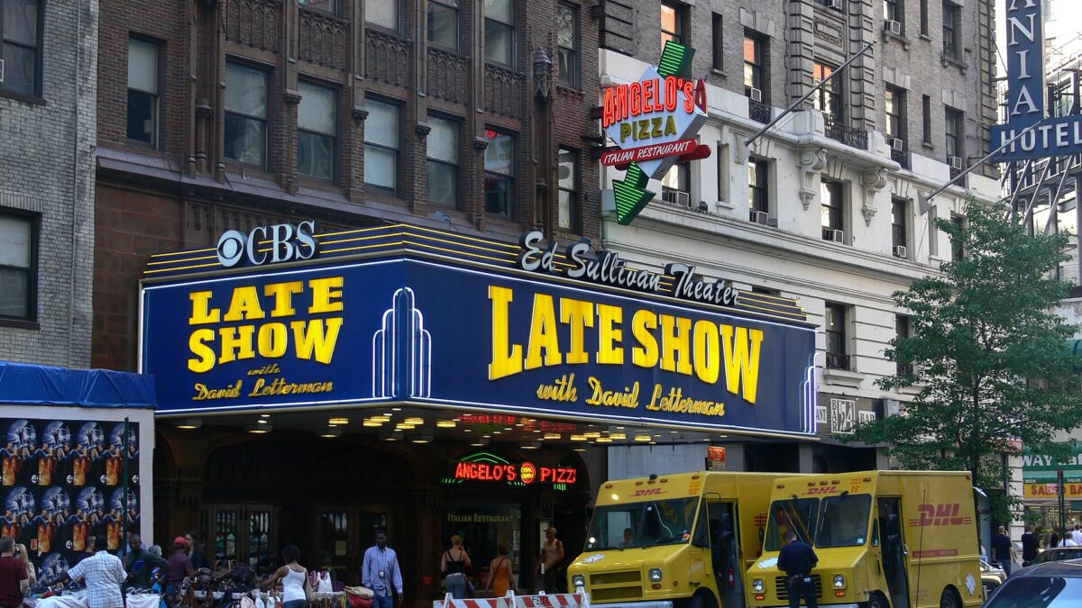 The Ed Sullivan Theater marquee on Broadway in New York