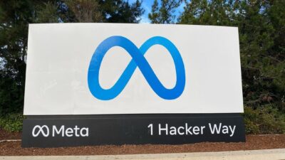 Meta logo sign at the company's Menlo Park headquarters