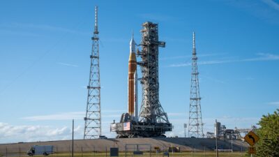 NASA SLS rocket and Orion spacecraft on the way to Launch Pad 39B