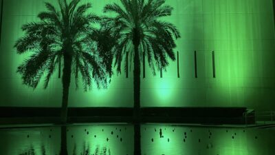 The U.S. Embassy in Riyadh, Saudi Arabia, illuminated in green at night