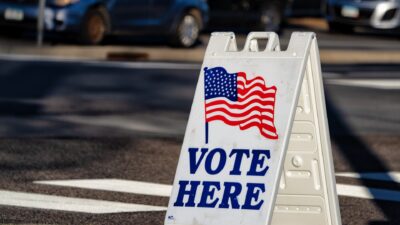 A Vote Here sign outside an election polling place