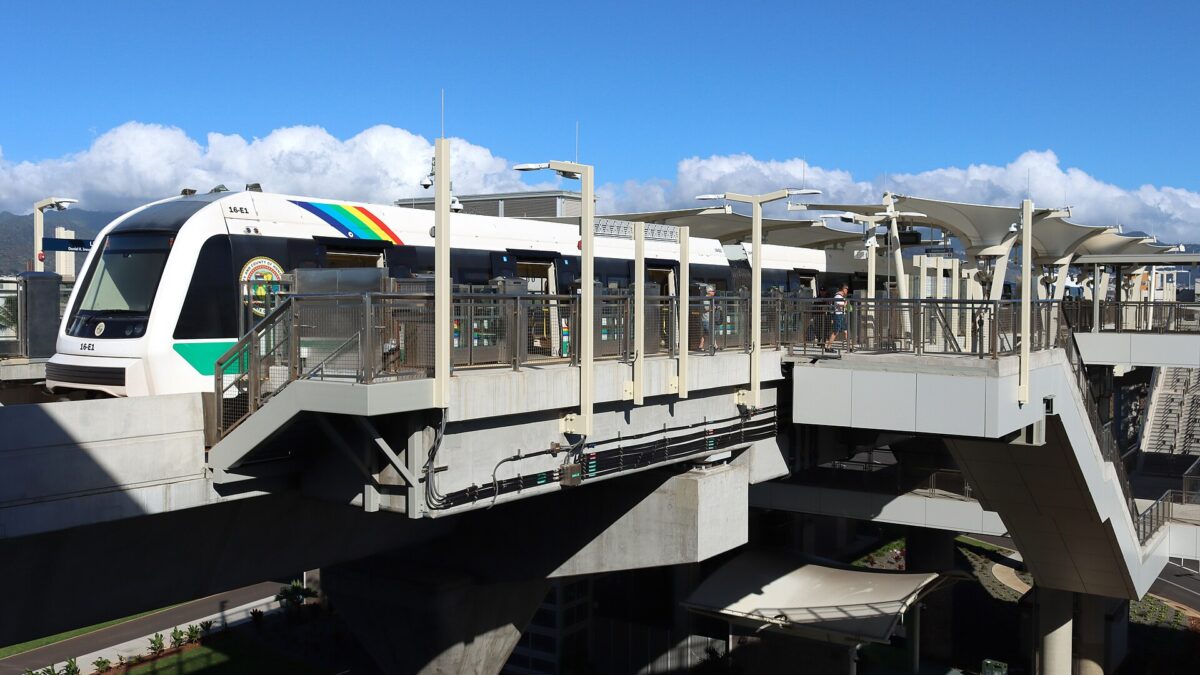 A driverless Honolulu Skyline train at Lelepaua Station